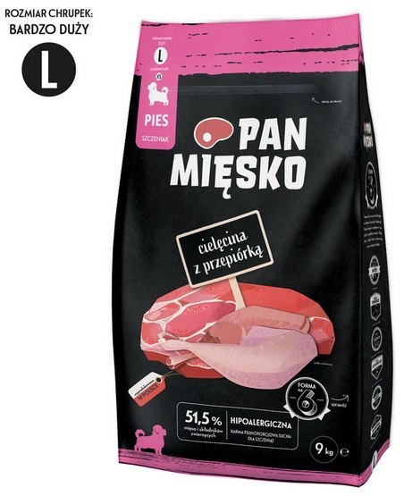 Pan Mięsko Karma sucha dla psa - dla szczeniąt cielęcina i przepiórka chrupki L 9kg