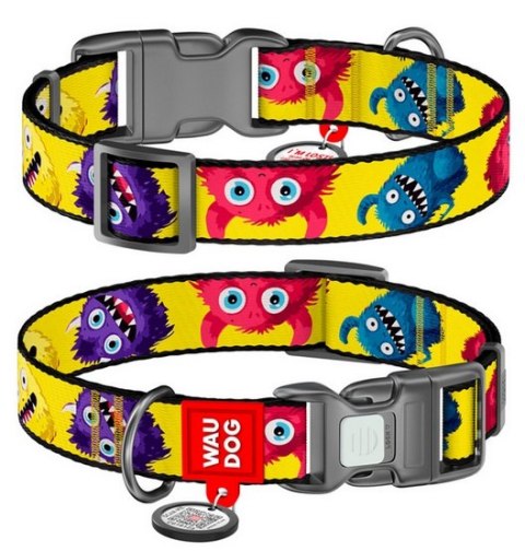 Collar WauDog Nylon Obroża nylonowa z QR-paszportem, plastikowy fastex, wzór FUTRZANE POTWORY, S 15mm/25-35cm